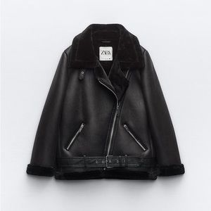 Zara Women’s Faux Fur Black Double-Faced Biker Winter Jacket Size Small